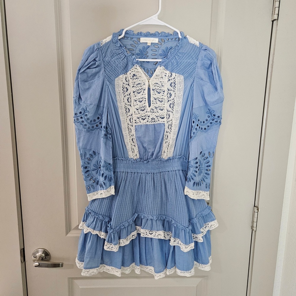 LoveShackFancy Light Blue and White Eyelet Lace Mini Dress